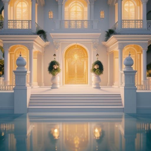 Neo-Baroque Luxury Villa at Dusk with Lanterns and Palm Tree...