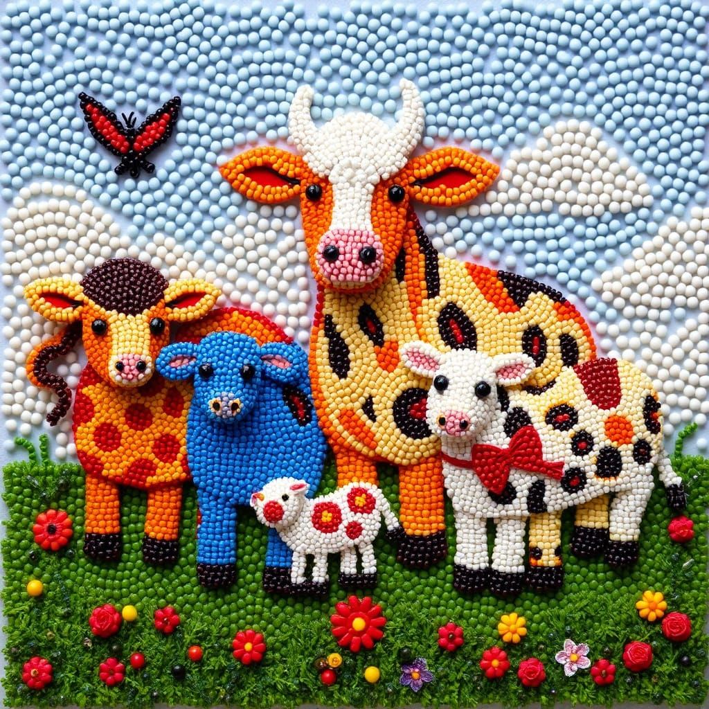 Beaded Farm Animals in Folk Art Style