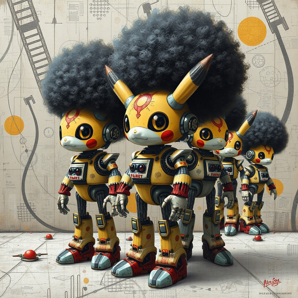 Pokemon Robots with Afros in Surreal Street Art Style