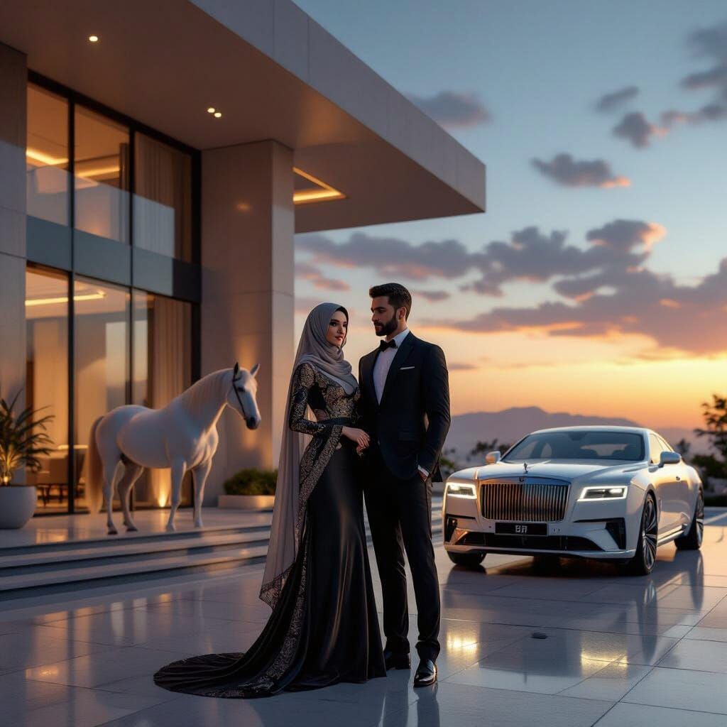 Elegant Couple and Horse by Grand House at Sunset