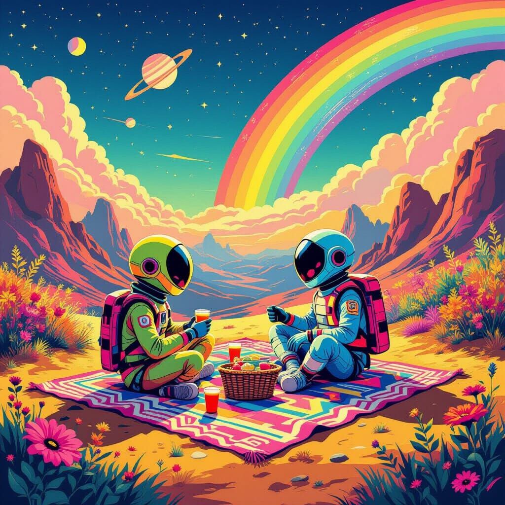 Aliens Picnic on Geometric Planet in Pop Art Style