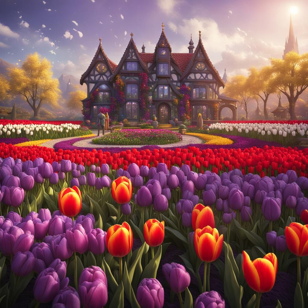 Blooming Red Tulip in a Colorful Flower Garden