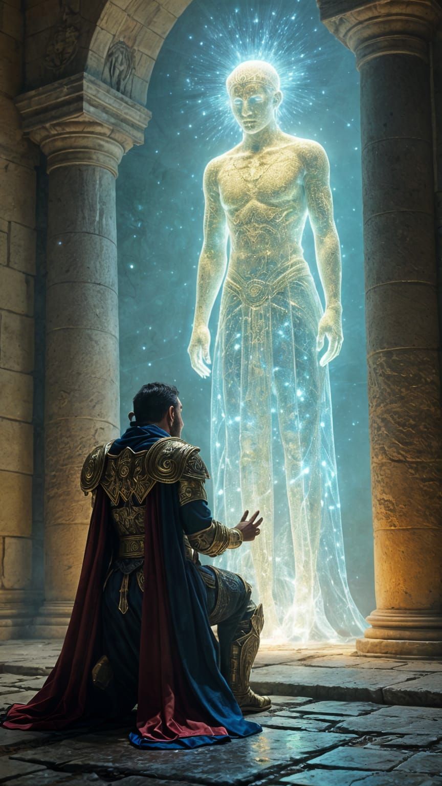 Warrior Before Holographic Deity in Ancient Temple