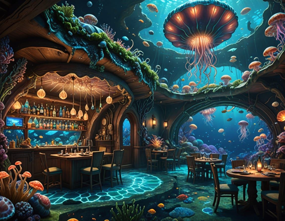 Underwater Tavern in Clam Shell, Bioluminescent Fantasycore