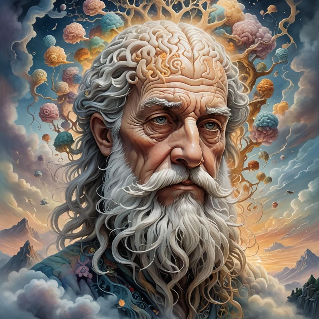 Mystical Brain in an Elder's Head, an Ethereal Oil Painting