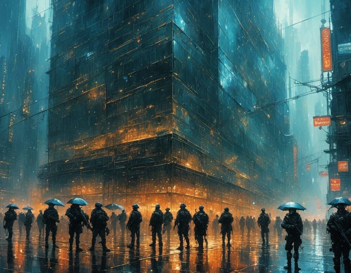 Cyberpunk Police Guard Glass Building in Rain