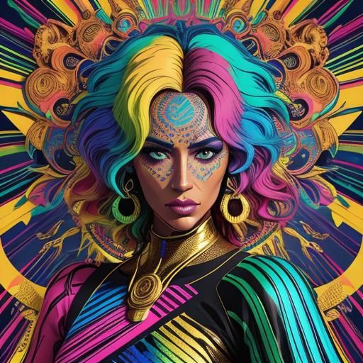 Vibrant Pop Art Woman with Dragon Serpent and Gold Skin