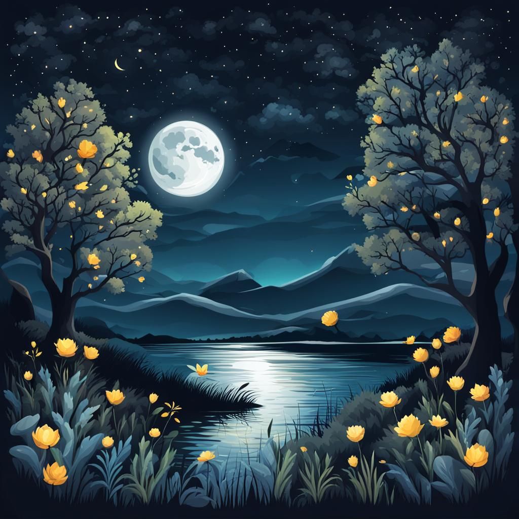 Full Moon Night Nature Illustration