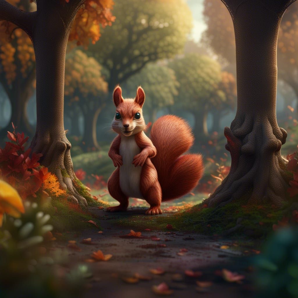 Half-Squirrel Human Hybrid in Park: Detailed Digital Art
