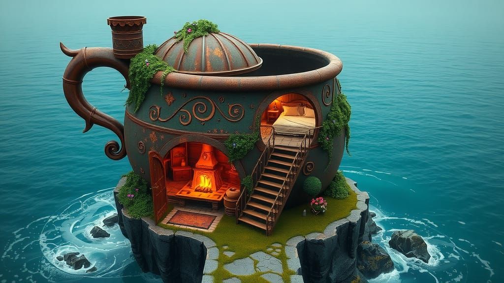 Rustic Cauldron Oasis in Turquoise Ocean