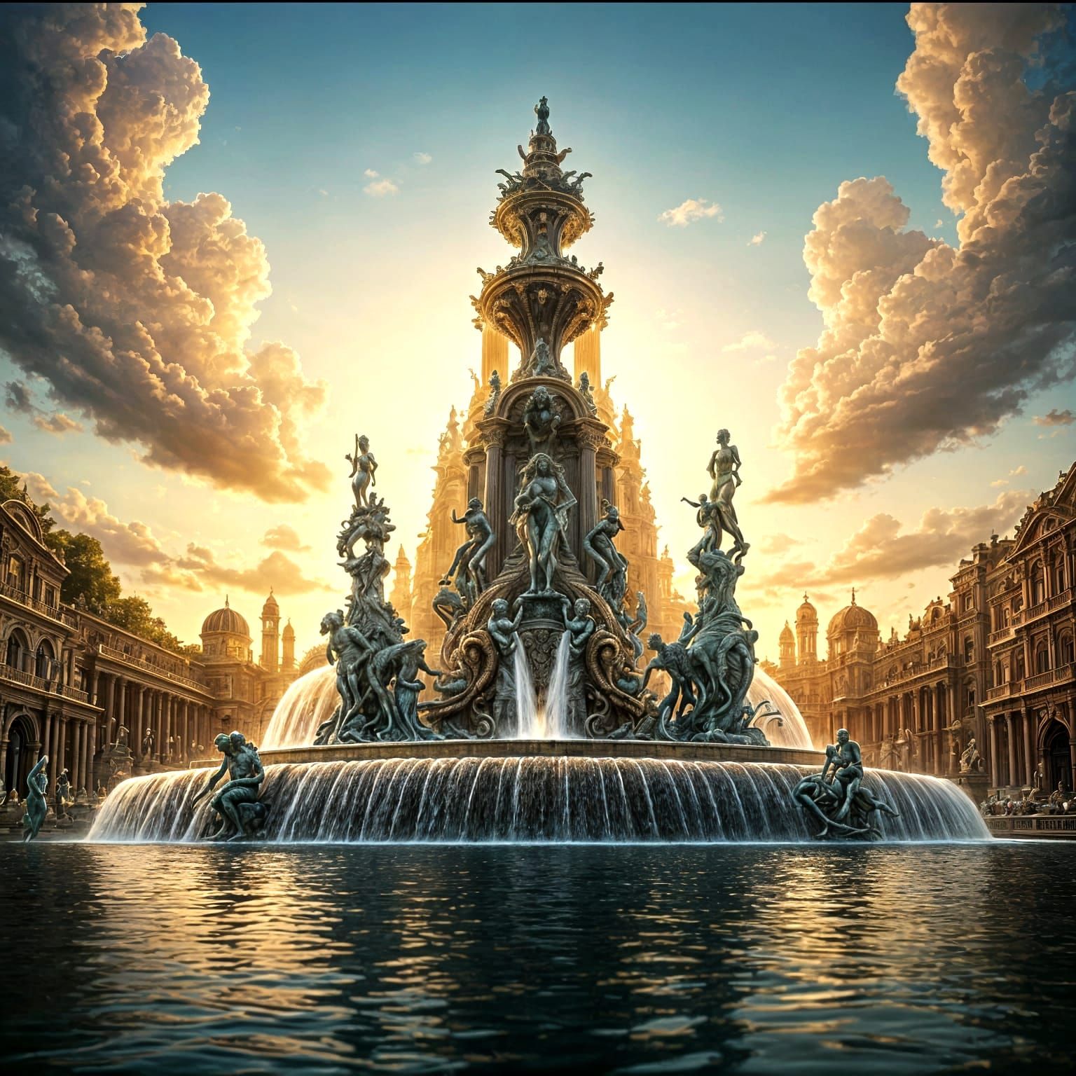 Monumental Fountain of Surreal Sculptures in Baroque Style