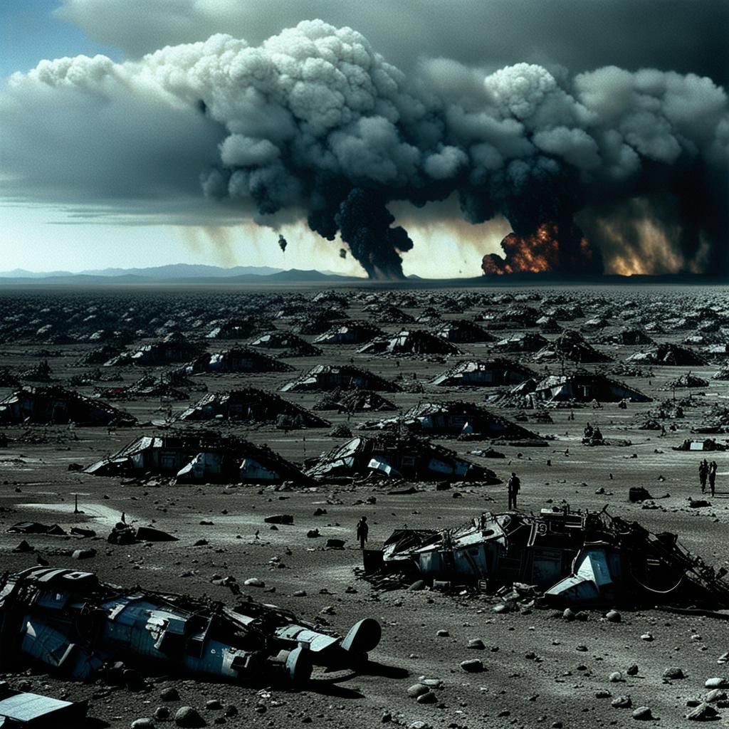 Apocalyptic Landscape with Few Survivors in Realistic Style