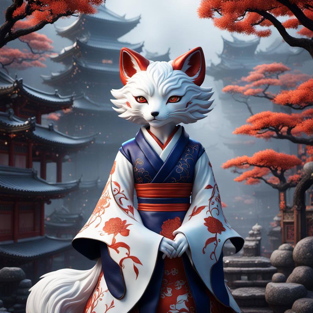 Fantastical Porcelain Kitsune Doll: Detailed Matte Painting