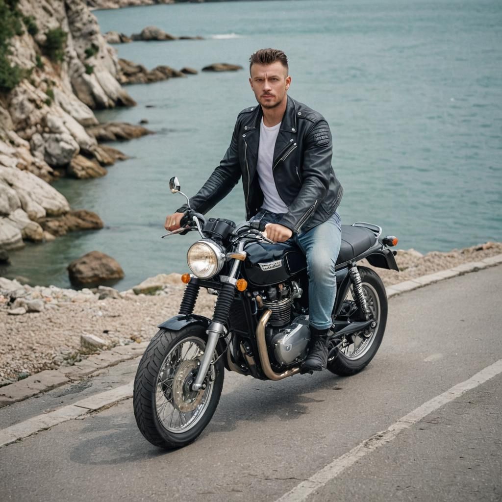 Slavic Biker on Triumph Bonneville, Italian Coast