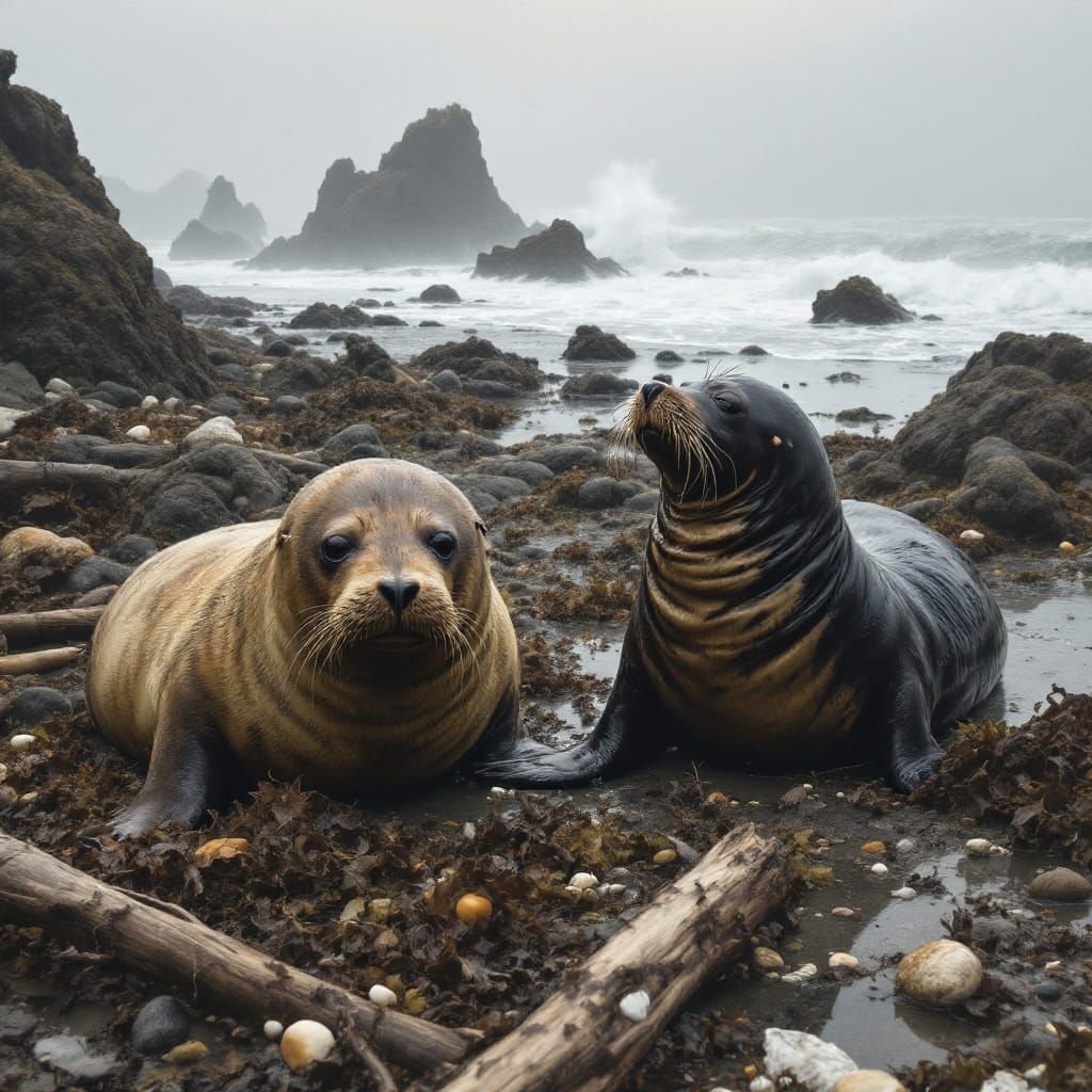 Seals on West Coast Shoreline in Atmospheric Landscape
