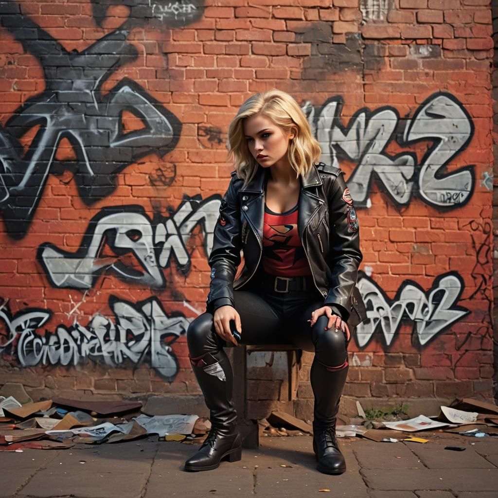 Superheroine Kneeling Before Graffiti Wall: Concept Art