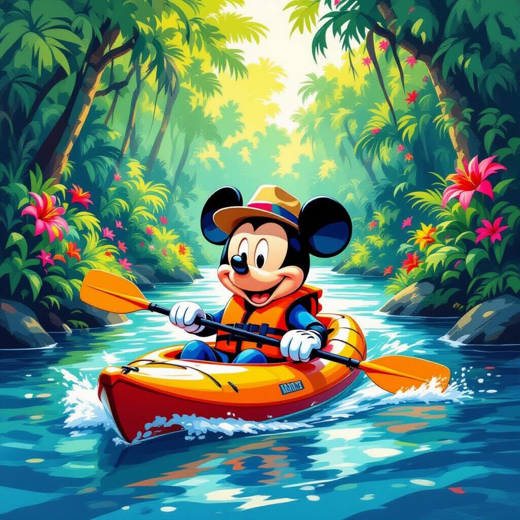 Mickey Mouse Kayaking in Jungle River, Disney Style