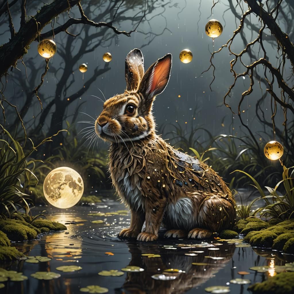 Hyperrealistic Speckled Rabbits in Magical Moonlit Swamp