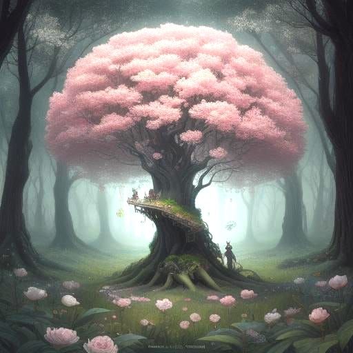 Magical Peony Tree with Fairies, Surreal Digital Art