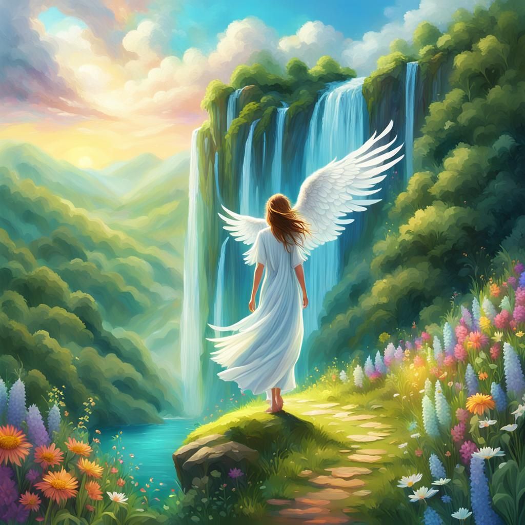 Whimsical Angel Amidst Lush Paradise