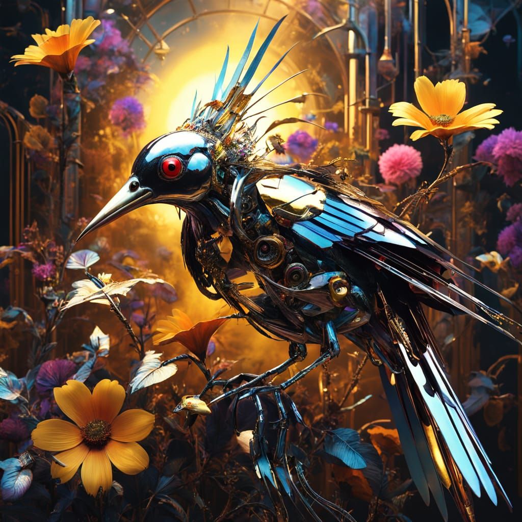 Biomechanical Bird Sipping Nectar in Surreal Garden