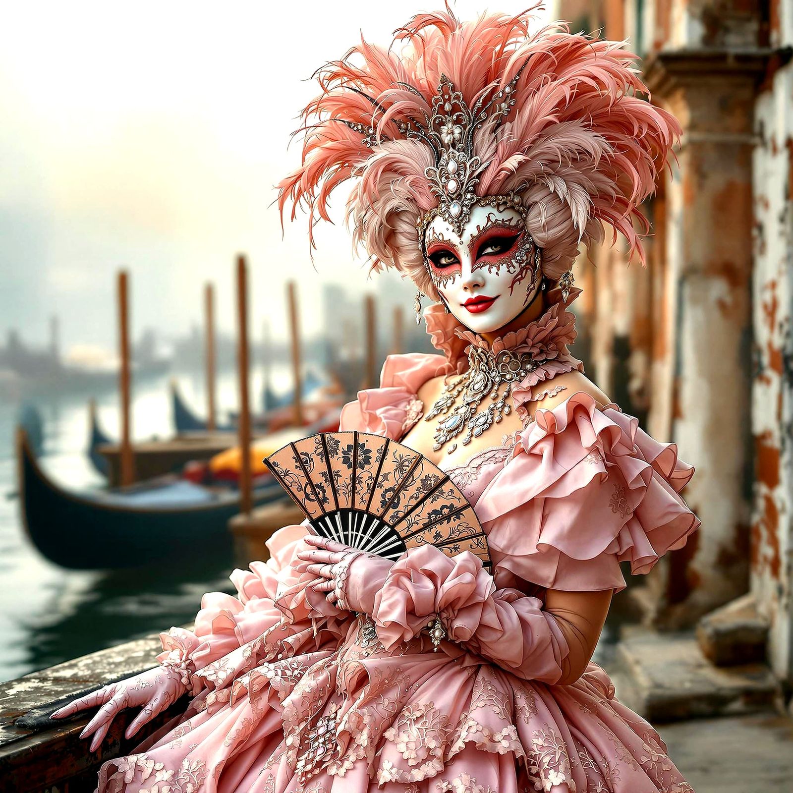 A Venetian carnival figure dressed in an opulent pink and la...