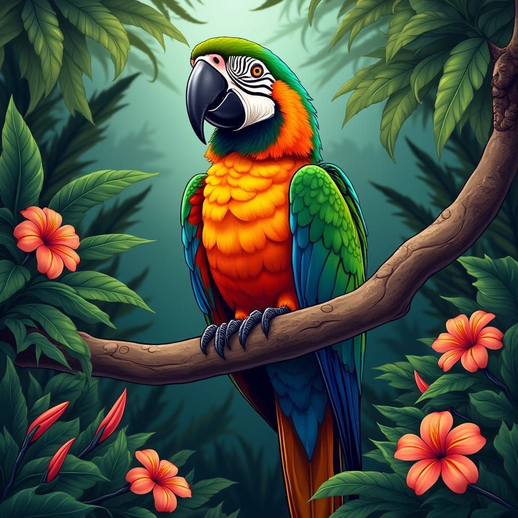 Vibrant Parrot in Rainforest Comic Book Style