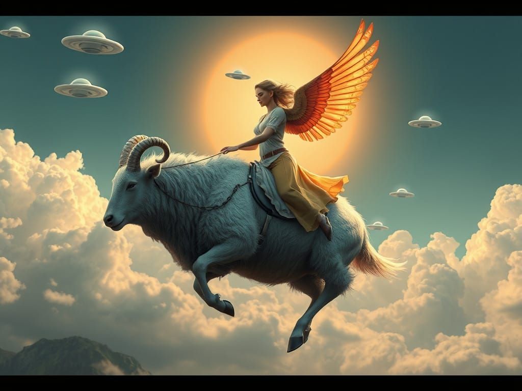 Woman Rides a Flying Sheep in Pop Art Style