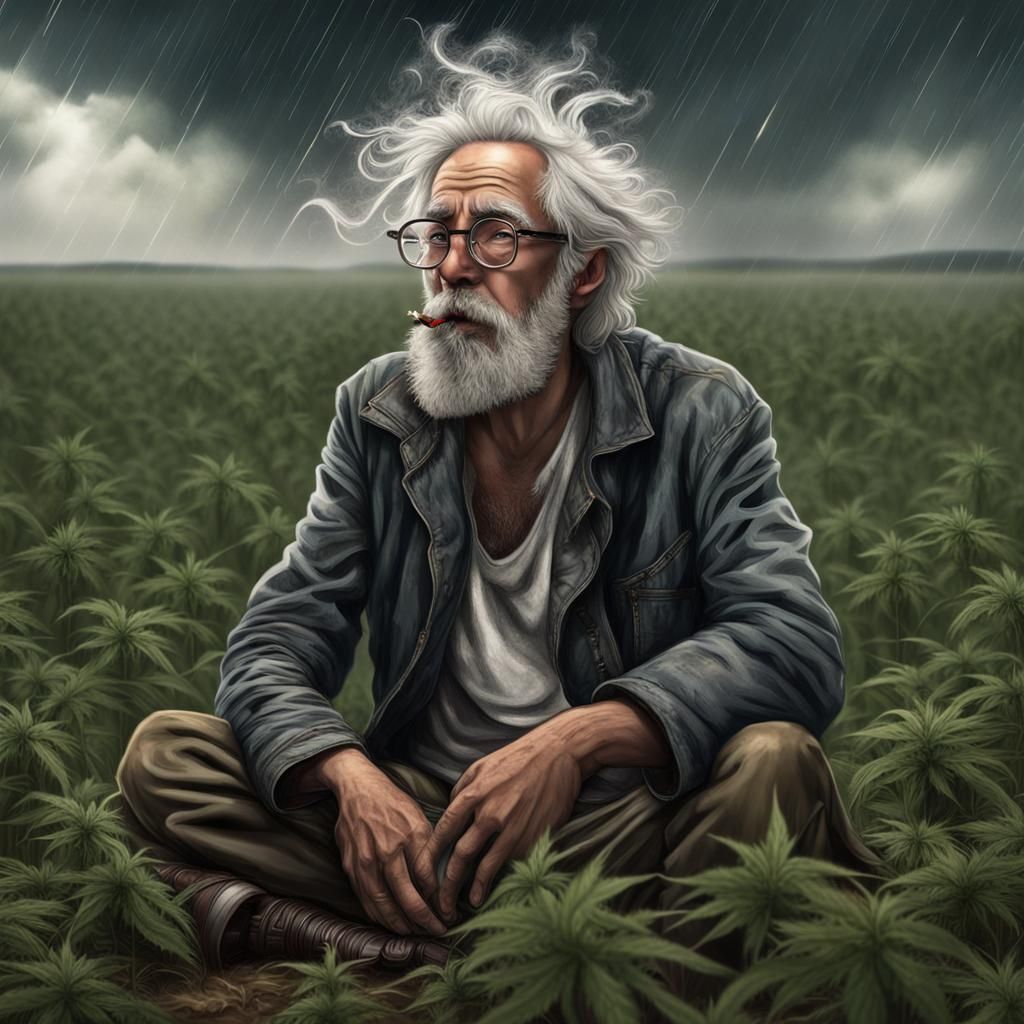 Hyperrealistic Man in Crop Circle During Storm