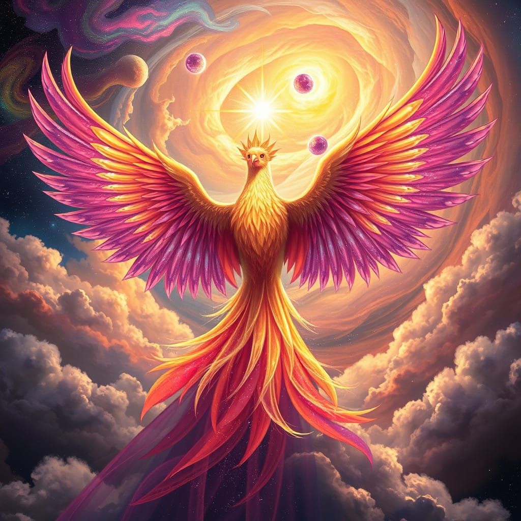 Majestic Phoenix Rises from Astral Vortex in Iridescent Colo...
