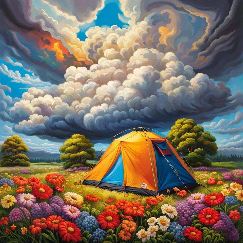 Camping Tent on Cloudscape in Cloudpunk Style
