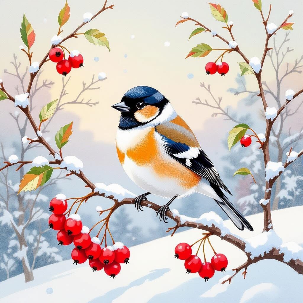 Bullfinch on Rowan Branch in Winter Landscape