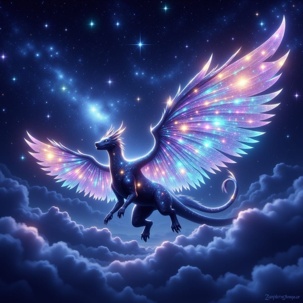 Majestic Dragon With Holographic Wings In Starry Sky