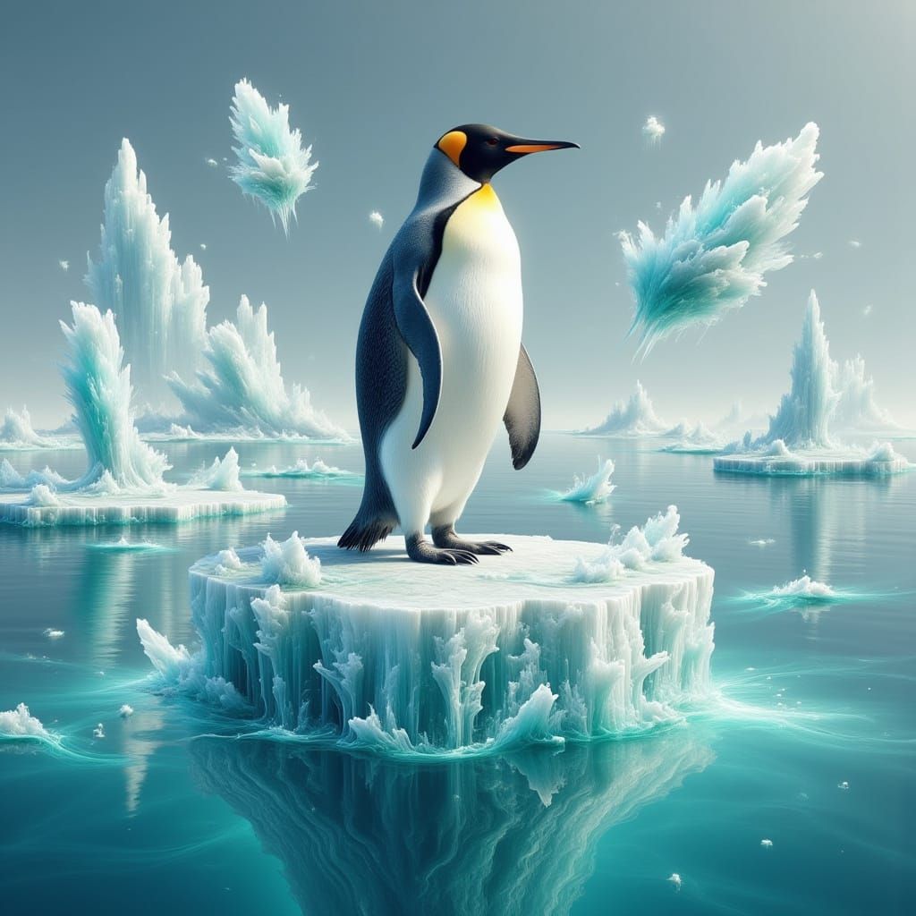 Surreal Penguin on Shattered Ice in Dreamlike Turquoise Expa...