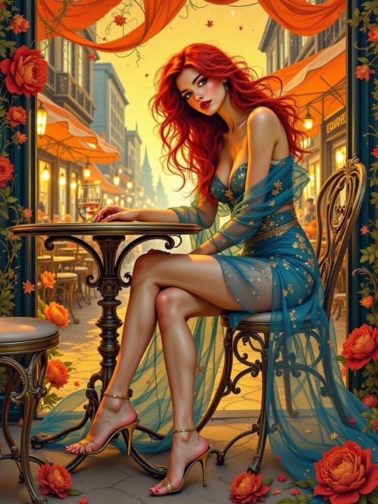 Ethereal Café Scene in Dreamlike Art Nouveau Style