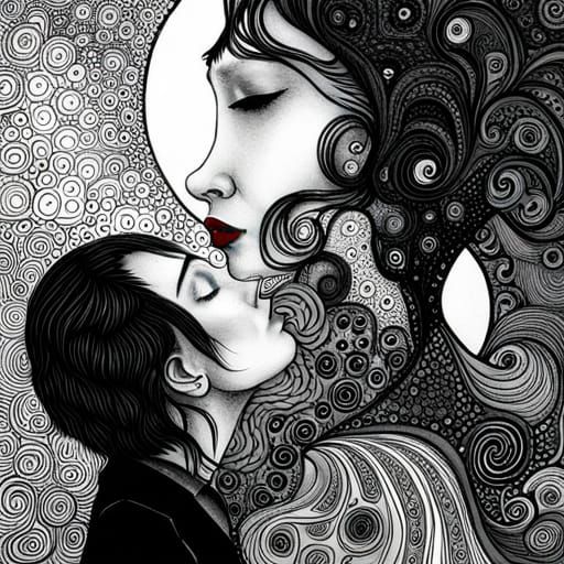 Yin and Yang Couple Kissing: Black and White Ink