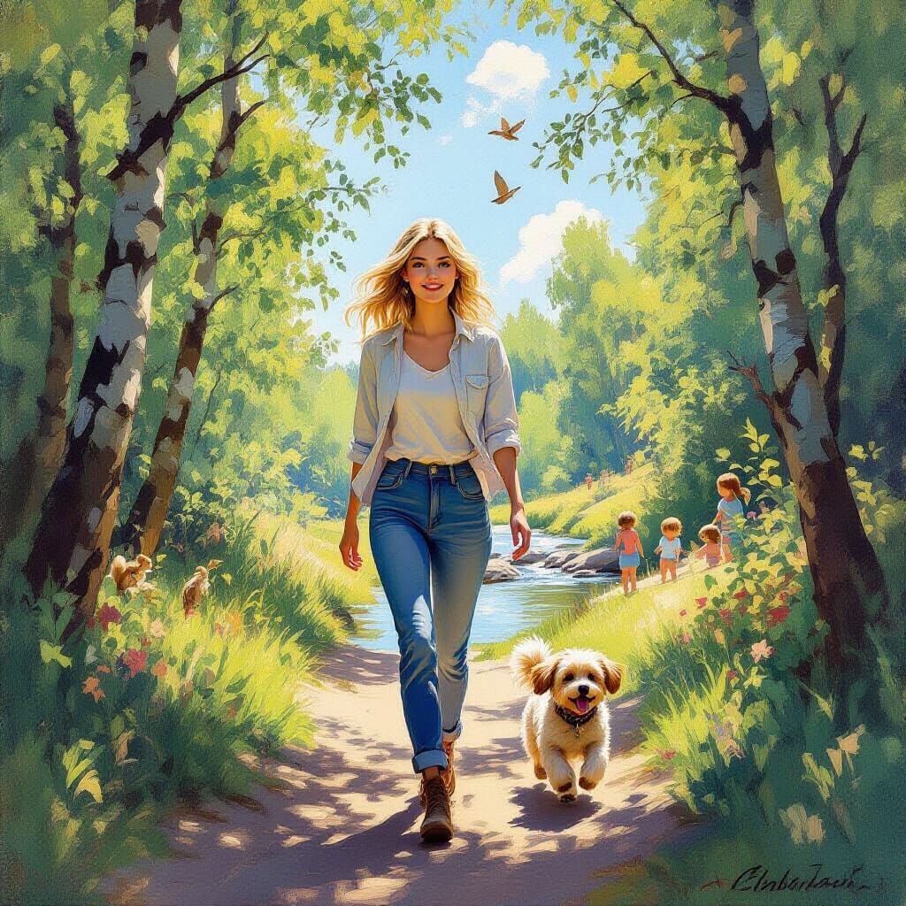 Woman and Dog in Sun-Dappled Forest
