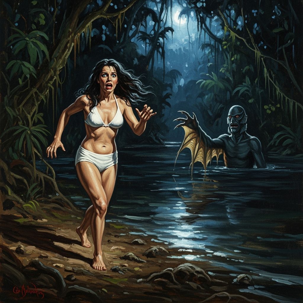 Frightened Woman Flees Creature from Black Lagoon in Jungle ...