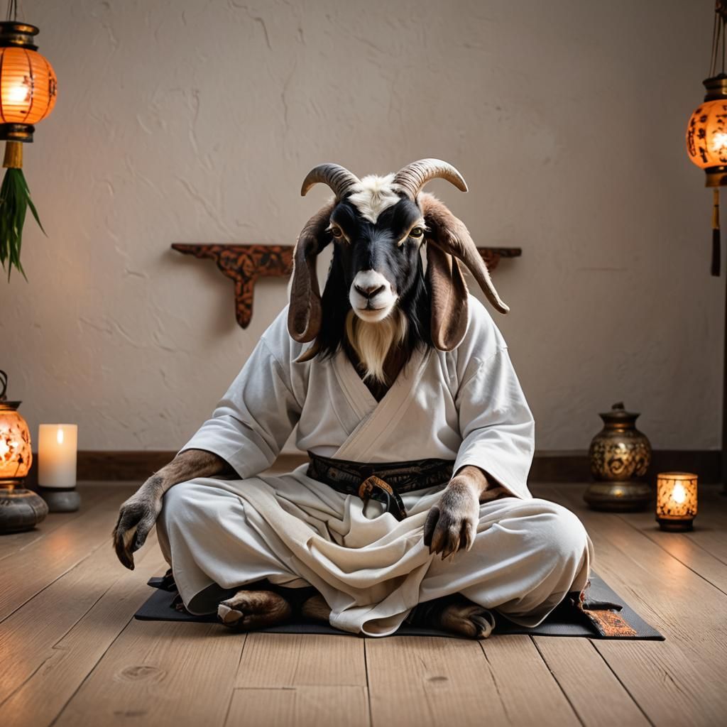 Meditating Goat in Yoga Studio: A Tranquil Photo