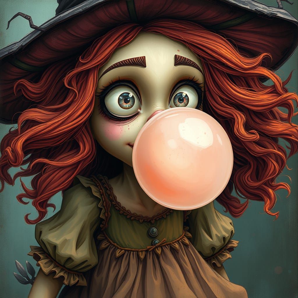Whimsical Witch Blowing Bubble Gum in Gritty Fantasy Art