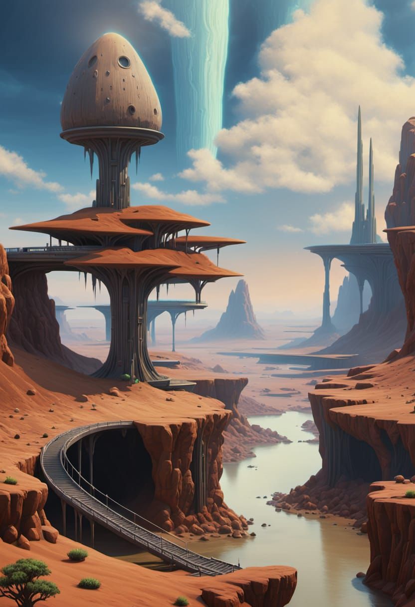 Science Fiction Desert Landscape with River and Cave