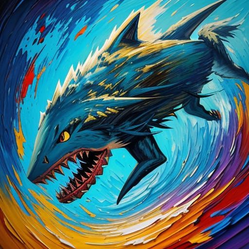 Wolf Shark Versus Cartoons in Expressionist Style