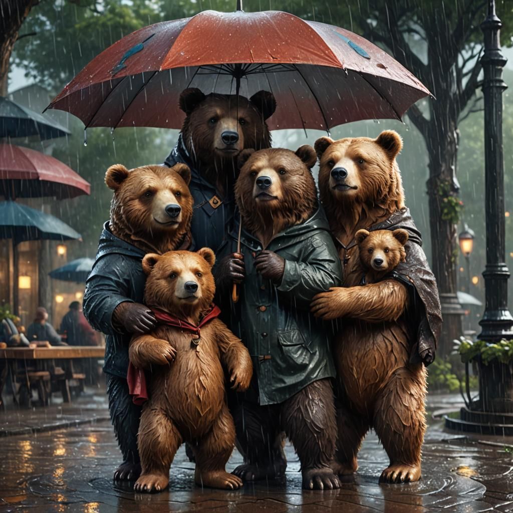 Bears Under Umbrella in Rainy Fantasy Landscape