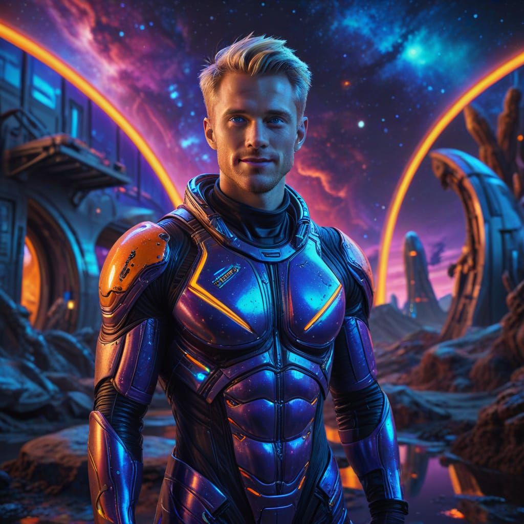 Handsome Blonde Man in Surrealistic Sci-Fi Spacesuit on Alie...
