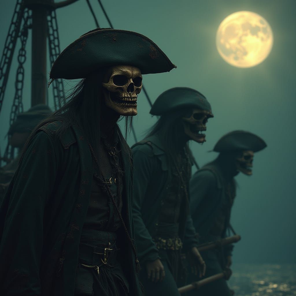 Spectral Pirate Crew Emerges from Shadows in Dark, Gothic St...