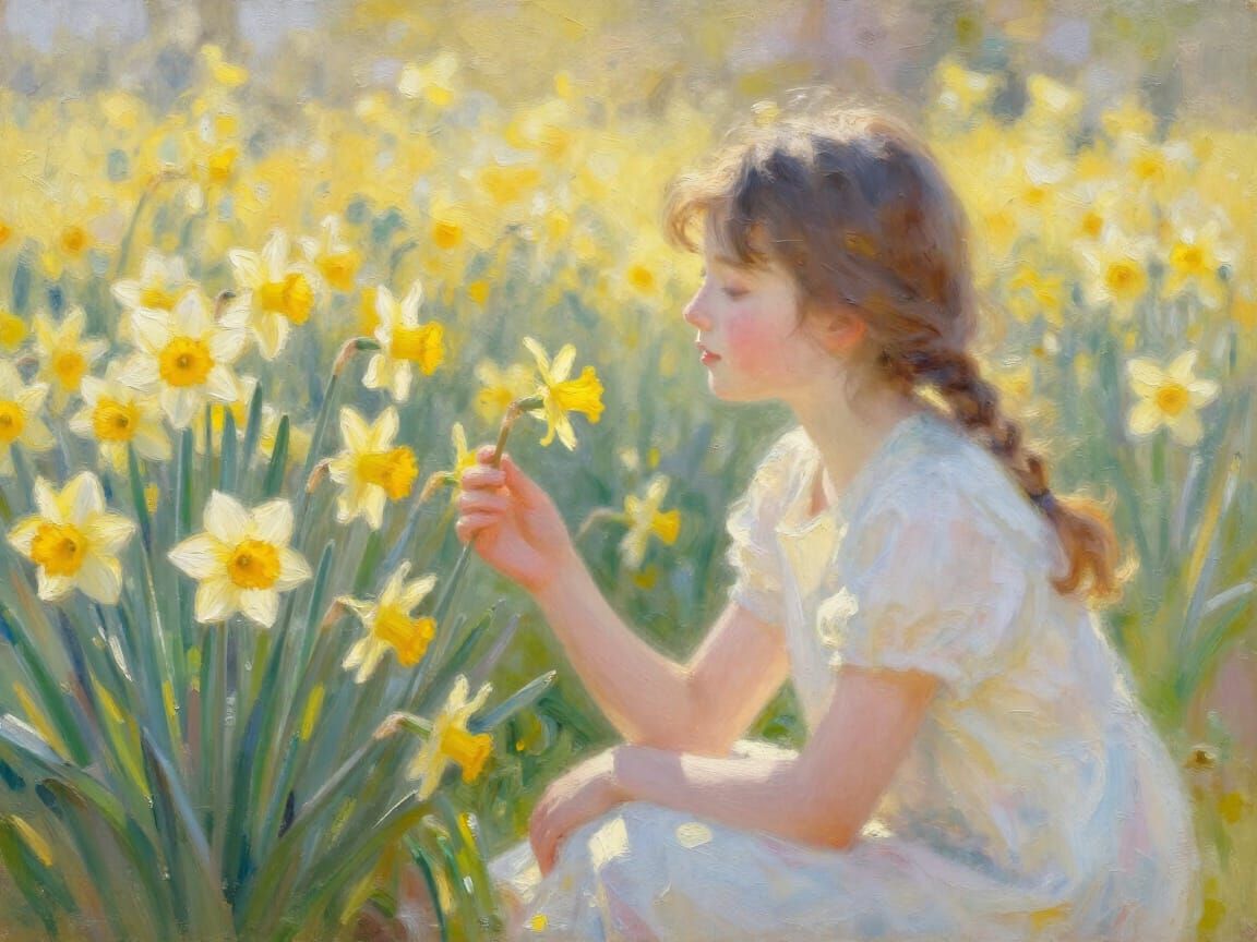 Girl in Daffodil Field with Golden Morning Light