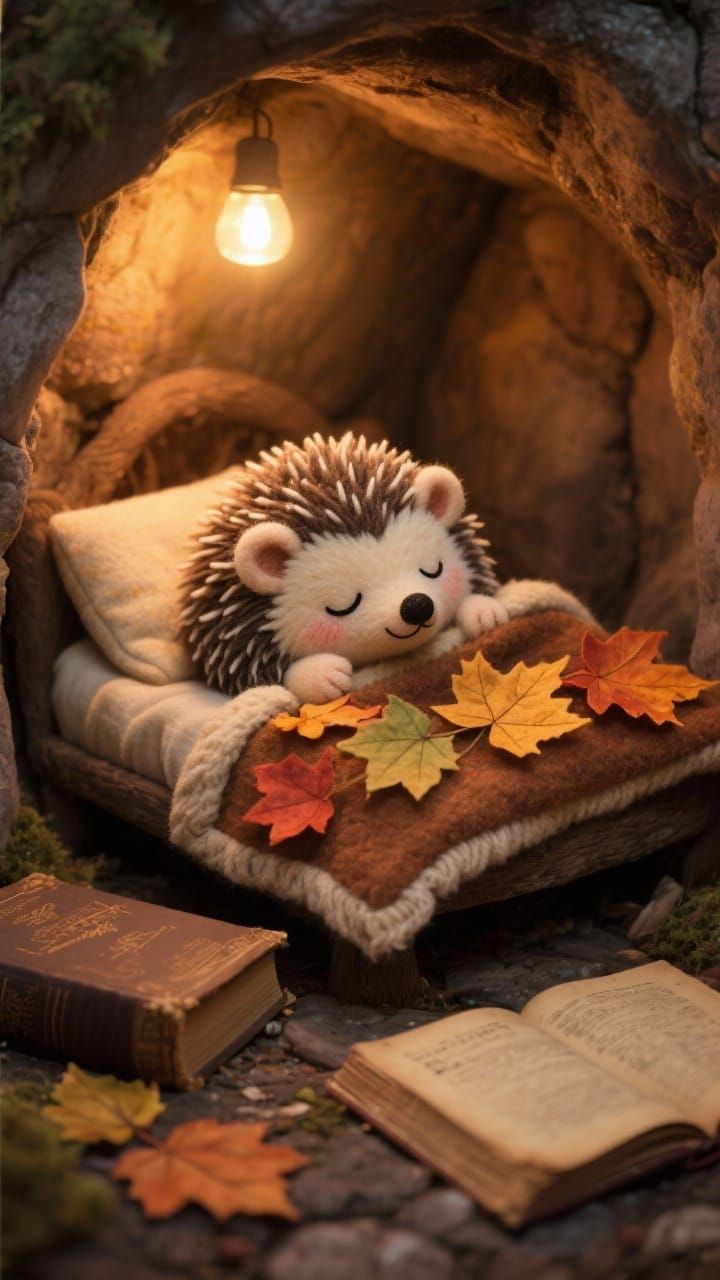 Cute Felt Hedgehog Sleeps in Cozy Autumn Den