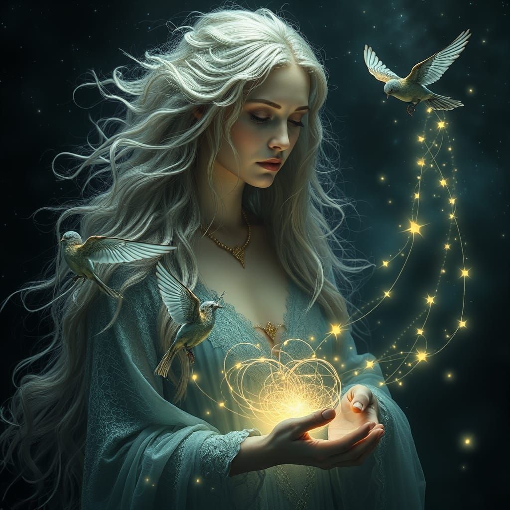 Mystical Goddess Weaves Destiny in Celestial Realm