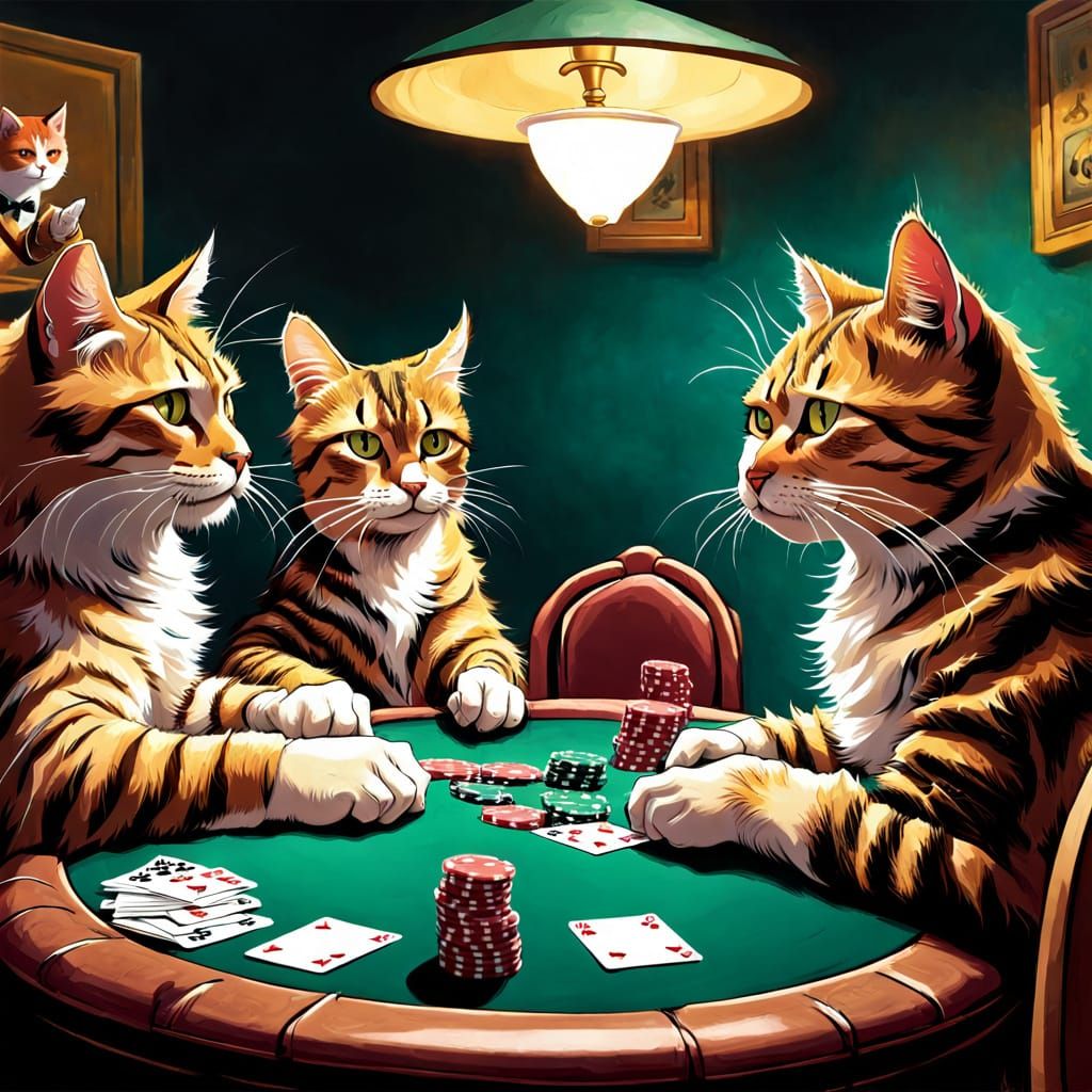 Feline Poker Players in Comic Book Style