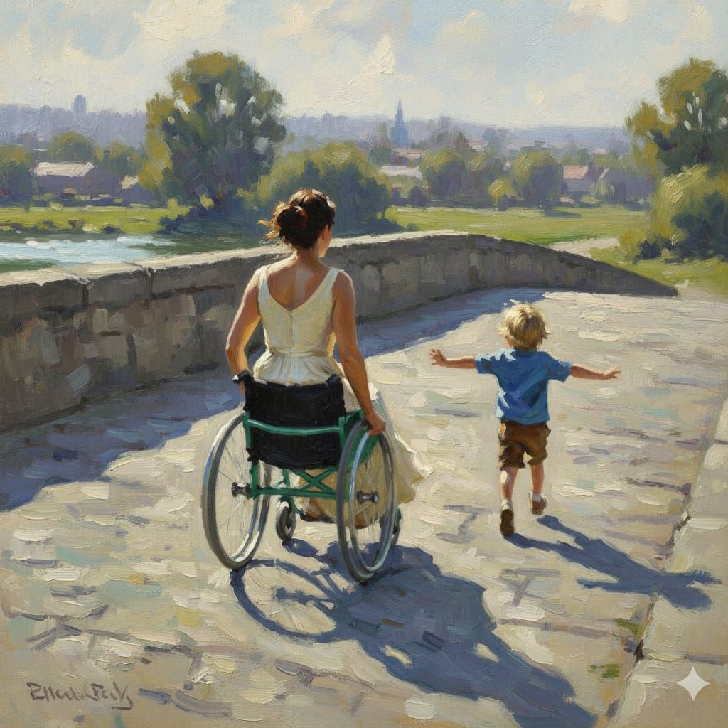 Woman in Wheelchair and Son on Bridge, Impressionist Style